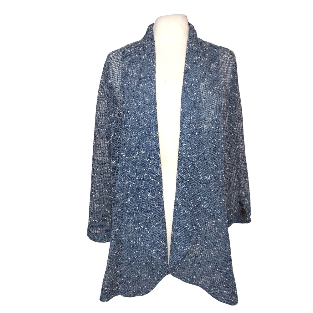 KEREN Hart Rustic Blue Mesh Fishnet Knit Open Front Waterfall Cardigan Sweater L